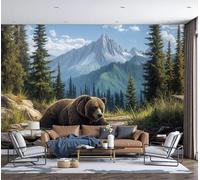 3D Self Adhesive Wall Mural Brown bear wildlife Towering pine trees and mountains Pattern Not Peel and Stick Wallpaper Non Woven Fabric Wall Decor for Bedroom Living Room,150x105cm 59"H x 41"W
