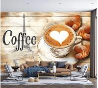 3D Self Adhesive Wall Mural Cappuccino Eiffel Tower and Heart Not Peel and Stick Wallpaper Non Woven Fabric Wall Decor for Bedroom Living Room,150x105cm,（Non-self-Adhesive）