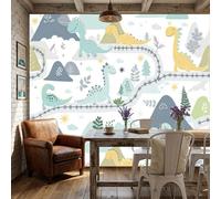 3D Self Adhesive Wall Mural Cartoon Animals Dinosaurs Mountains, clouds, trees Not Peel and Stick Wallpaper Non Woven Fabric Wall Decor for Bedroom Living Room,350x256cm,（Non-self-Adhesive）