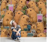3D Self Adhesive Wall Mural Cute cartoon animals, funny capybaras Fun Bubble Tea Not Peel and Stick Wallpaper Non Woven Fabric Wall Decor for Bedroom Living Room,350x256cm,（Non-self-Adhesive）