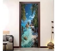 3D Self Adhesive Waterproof Door Sticker 88x200 cm Fresh Island Scenery Removable Vinyl Mural for Bedroom Living Room Entryway Natural Beauty Scratch Resistant Easy to Apply