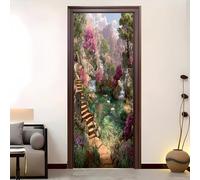 3D Self Adhesive Waterproof Door Sticker 90x200 cm Beautiful Lotus Pond Scenery Removable Vinyl Mural for Bedroom Living Room Entryway Sense of Atmosphere Scratch Resistant Easy to Apply