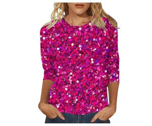 3D Sequin Printed Tops Evening Tops Ladies Going Out Glitter Tunic Sparkle 3/4 Sleeve Evening Night Club Party Performance Costume Hot Pink