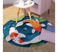 3D Shadow Style Round Rug 170cm Machine Washable Non Slip Koi Fish Circular Rugs Layered Art Sculpted Oceanic Premium Detailed Foldable Carpet Large Thin Low Pile Throw Mat for Sunroom Studio Decor