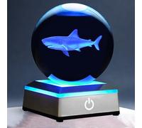 3D Shark Crystal Ball Night Light with LED Colorful Touch Base 3.15 Inch Shark Figurines Glass Sphere Lamp for Birthday Christmas, Cool Shark Home Table Lamp Decor Gifts for Boys Kids Teens Women