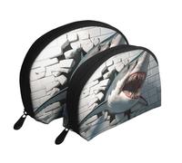 3D Sharks Break Through Walls Printed Makeup Bags 2-Piece Portable Shell Travel Toiletry Bag
