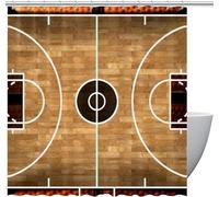 3D Shower Curtain Basketball Court 250 x 200 cm Extra Wide Wood Shower Curtains Anti Mould Washable Quick-Drying Bathroom Curtains for Bathroom Wet Room A/7304