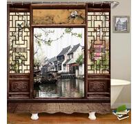 3D Shower Curtain Chinese 180 x 200 cm Small Town View Shower Curtains Anti Mould Washable Quick-Drying Bathroom Curtains for Bathroom Wet Room A/3215