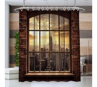 3D Shower Curtain Window View 200 x 220 cm Retro Architectural Style Shower Curtains Anti Mould Washable Quick-Drying Bathroom Curtains for Bathroom Wet Room A/2389