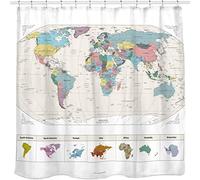3D Shower Curtain World Map Mould Proof Resistant Bathroom Curtains, Waterproof Shower Curtains, Washable Bath Curtains 100% Polyester, 12 Hooks, Quick-Drying, 180x180 cm