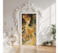 3D Sika Deer Golden Animal Door Mural Decals 85x215 cm Deer Wildlife Fantasy Door Sticker, Peel and Stick Wallpaper Waterproof PVC Stickers for Bedroom Decor