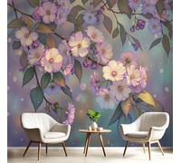 3D Silk Wall Mural Retro Watercolor Painting Photo Wallpaper Cherry Blossom Branches Poster Picture Design Modern Wall Art for Living Room Bedroom Restaurant Home Decor, 450x315cm, Light Purple