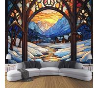 3D Simulated Colorful Glass Windows Wallpaper 250×175 Cm Wallpaper 3D Effect for Living Room Fireplace Feature Wall Bedroom Ceilings Kitchen, Mountain Village Mural Home Decor Multicolor