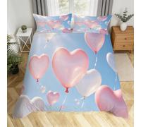 3D Single Bed Duvet Cover Set Heart-Shaped Balloon Quilt Zipper Closure and Pillowcase Ultra Soft Microfiber Romantic Theme Single Duvet Sets 140x200 cm for Childrens and Adults I.1332