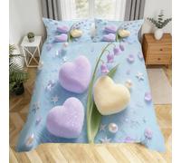 3D Single Bed Duvet Cover Set Purple Heart Quilt Zipper Closure and Pillowcase Ultra Soft Microfiber Purple Flowers Single Duvet Sets 140x200 cm for Childrens and Adults I.1143