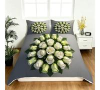 3D Single Bed Duvet Cover Set White Rosebuds Quilt Zipper Closure and Pillowcase Soft Breathable Summer Flowers Single Duvet Sets 140x200 cm for Childrens and Adults H.1625