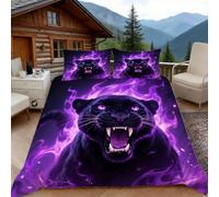 3D Single Duvet Cover Set 3D Printed Black Panther Bedding, Purple Flame Soft Microfibre Duvet Cover Sets Quilt Cover and Pillow Set with Zipper 3 Pcs