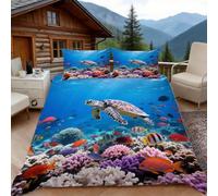 3D Single Duvet Cover Set 3D Printed Coral Reef Sea Turtle Bedding, Diving Landscape Soft Microfibre Duvet Cover Sets Quilt Cover and Pillow Set with Zipper 3 Pcs