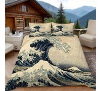 3D Single Duvet Cover Set 3D Printed Japanese Style Waves Bedding, Japanese Traditional Soft Microfibre Duvet Cover Sets Quilt Cover and Pillow Set with Zipper 3 Pcs