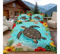 3D Single Duvet Cover Set 3D Printed Patterned Sea Turtle Bedding, Tropical Flowers Soft Microfibre Duvet Cover Sets Quilt Cover and Pillow Set with Zipper 3 Pcs