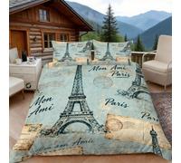 3D Single Duvet Cover Set 3D Printed Vintage Eiffel Tower Bedding, Shabby Chic Soft Microfibre Duvet Cover Sets Quilt Cover and Pillow Set with Zipper 3 Pcs