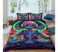 3D Skin-Friendly Microfiber Alien DJ Quilt Cover All Season Bedding Set with Pillow Cases Neon Sci-Fi Art Style Comforter Cover Easy Care Breathable Washable for Kids Teens Adults Single（140x200cm）