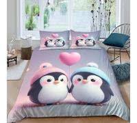 3D Skin Friendly Microfiber Cute penguins Duvet Cover Sets Easy Care Bedding Set with Pillow Shams Cartoon love theme Quilt Cover All Season Machine Washable for Home Decoration Double（200x200cm）