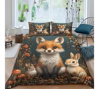 3D Skin-Friendly Microfiber Fox with bunnies Quilt Cover All Season Bedding Set with Pillow Cases Fantasy woodland art Comforter Cover Easy Care Breathable Washable for All Single（135x200cm）