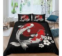 3D Skin Friendly Microfiber Koi fish art Duvet Cover Sets Easy Care Bedding Set with Pillow Shams Japanese tattoo style Quilt Cover All Season Machine Washable for Home Decoration King（220x240cm）