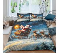 3D Skin-Friendly Microfiber Santa Claus flying Duvet Cover Set Easy Care Bedding Set with Pillow Shams Christmas night scene Quilt Cover All Season Machine Washable for Home Decor Single（135x200cm）