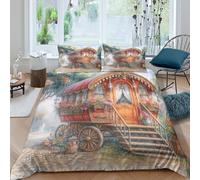3D Skin-Friendly Microfiber Vintage caravan Quilt Cover All Season Bedding Set w/ Pillowcase Romantic garden style Comforter Cover Breathable Machine Washable for Bedroom Decoration Single（140x200cm）