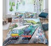 3D Skin-Friendly Microfiber Vintage Train Quilt Cover All Season Bedding Set w/ Pillowcase British Railway Comforter Cover Set Breathable Machine Washable for Bedroom Decoration Double（200x200cm）
