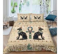 3D Skin Friendly Microfibre Ancient Egypt cats Bedding Quilt Cover All Season Bedding Set with Pillowcases Egyptian hieroglyph Duvet Cover Easy Care Machine Washable for Home Decor Single（135x200cm）