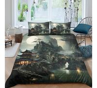 3D Skin-Friendly Microfibre Ancient Temple Quilt Cover Set All Season Bedding Set with Pillow Shams East Asian Landscape Comforter Cover Easy Care Machine Washable for Bedroom Decor Single（135x200cm）