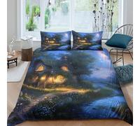 3D Skin-Friendly Microfibre Cozy cottage Bedding Quilt Cover Breathable Bedding Set with Pillow Cases Fantasy night scene Comforter Cover All Season Easy Care, Washable for Couples Single（140x200cm）