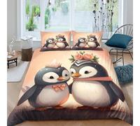3D Skin Friendly Microfibre cute penguin couple Duvet Cover Sets Easy Care Bedding Set with Pillow Cases cartoon wedding Quilt Cover Sets Breathable Machine Washable for Home Decor Single（135x200cm）
