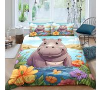 3D Skin-Friendly Microfibre Happy hippo cartoon Duvet Cover All Season Bedding Sets with Matching Pillowcase Animal illust Quilt Cover Set Easy Care, Washable for Men Women Kids Super king（260x220cm）