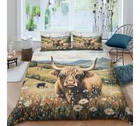 3D Skin-Friendly Microfibre Highland cattle Comforter Cover Easy Care Bedding Set w/ Pillow Cases Pastoral landscape paint Quilt Cover All Season Breathable Washable for Home Decor Single（140x200cm）