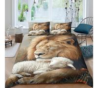 3D Skin-Friendly Microfibre Lion hugging lamb Comforter Cover Easy Care Bedding Set w/Pillow Cases Peaceful animal art Quilt Cover All Season Breathable Washable for Home Decor Super king（260x220cm）