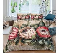 3D Skin Friendly Microfibre Protea flowers Bed Quilt Cover Soft Bedding Set with Pillowcases Botanical art style Duvet Cover All Season Breathable Machine Washable for Bedroom Decor King（220x240cm）