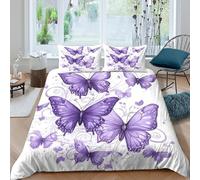 3D Skin-Friendly Microfibre Purple butterflies Duvet Cover All Season Bedding Sets with Matching Pillowcase Artistic floral Quilt Cover Set Easy Care, Washable for Men Women Kids Double（200x200cm）