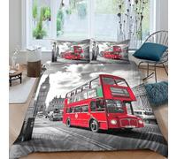 3D Skin-Friendly Microfibre Red Double Decker Bed Quilt Cover Soft Bedding Set w/ Pillowcases London Street Scene Duvet Cover All Season Breathable Washable for Bedroom Decor Super king（260x220cm）