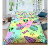 3D Skin-Friendly Microfibre UFO cartoon space Bed Quilt Cover All Season Bedding Set w/ Pillowcases vibrant retro alien Bedding Quilt Cover All Season Washable for Boys Girls Kids Double（200x200cm）