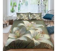3D Skin Friendly Microfibre white lily flowers Bedding Quilt Cover All Season Bedding Set with Pillowcases botanical painting Duvet Cover Easy Care Machine Washable for Home Decor Single（140x200cm）