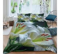 3D Skin Friendly Microfibre White lily flowers Duvet Cover Sets Easy Care Bedding Set with Pillow Cases Botanical garden Quilt Cover Sets Breathable Machine Washable for Home Decor King（220x240cm）