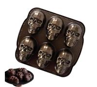 3D Skull Cake Pan - Heat Resistant Baking Pan, Gold Chocolate Skull Molds with 6 Cavities, Scary Halloween Dessert Mold, Flexible and Durable Silicone Tray | Non-Stick