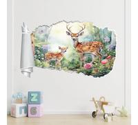3D Smashed Wall Effect Sika Deer Waterproof Wall Stickers Art Removable Forest Animals Vinyl Wall Decal for Kids Boys Girls Nursery Home Bedroom Wall Décor 45x72cm