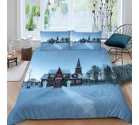 3D Snow Scene Bedding Set European Architecture Duvet Cover Soft Brushed Microfiber Quilt Cover with Zipeer Closure and 2xPillowcases 50x75cm for Teens Adults (Double 200x200cm) e-2680