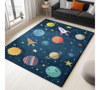 3D Soft Flannel Mat Rug Cartoon Space Planet Rocket Stars 160 x 230 cm Non Slip Area Rug, For Living Room Bedroom Kids Room, Blue Easy Clean Washable Carpet Mat