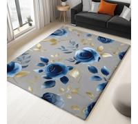 3D Soft Flannel Mat Rug Watercolour Blue Rose Gold Leaf 180 x 240 cm Non Slip Area Rug, For Living Room Bedroom Kids Room, Grey Easy Clean Washable Carpet Mat